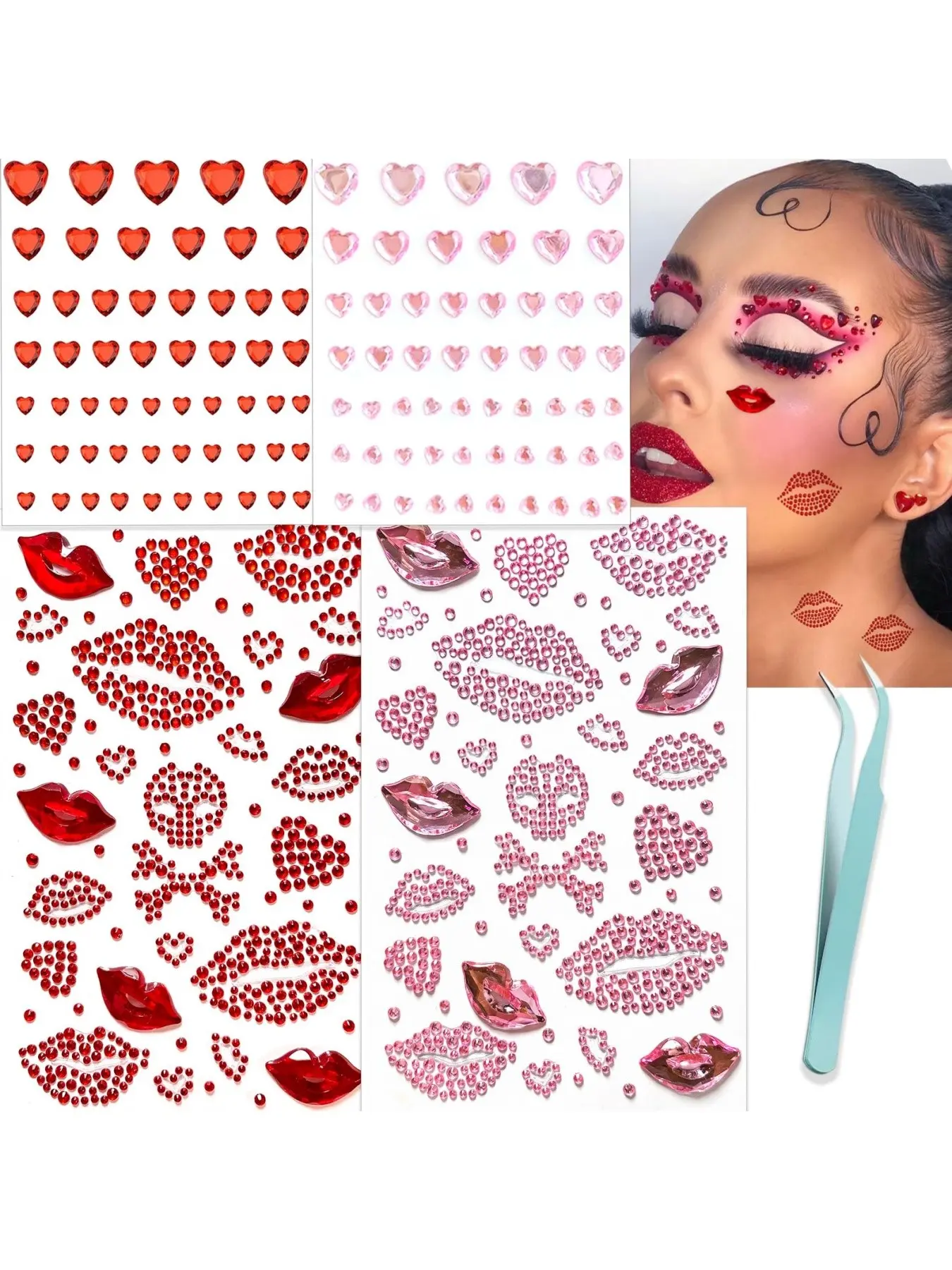 Self Adhesive Face Gems Stickers with Tweezers Lip Heart Pearl Rhinestone Face Body Stickers for Festival Party Makeup