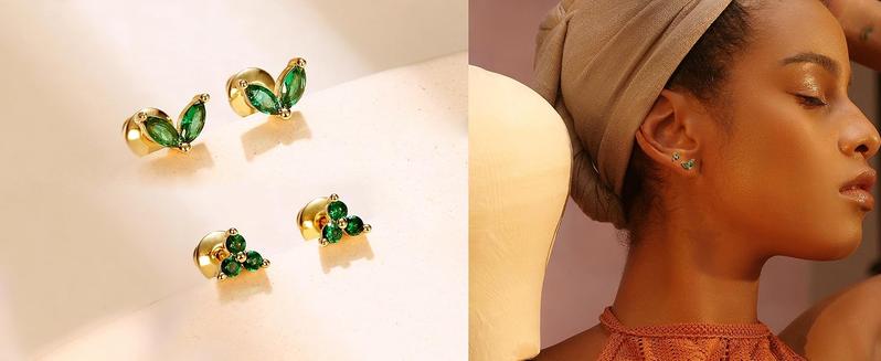 Zelores 6Pairs 14K Gold Plated Hoop Earrings for Women 6 Pairs Emerald Green Earrings Dainty Small Hoop Earrings Stud Earrings Sets for Multiple Piercing