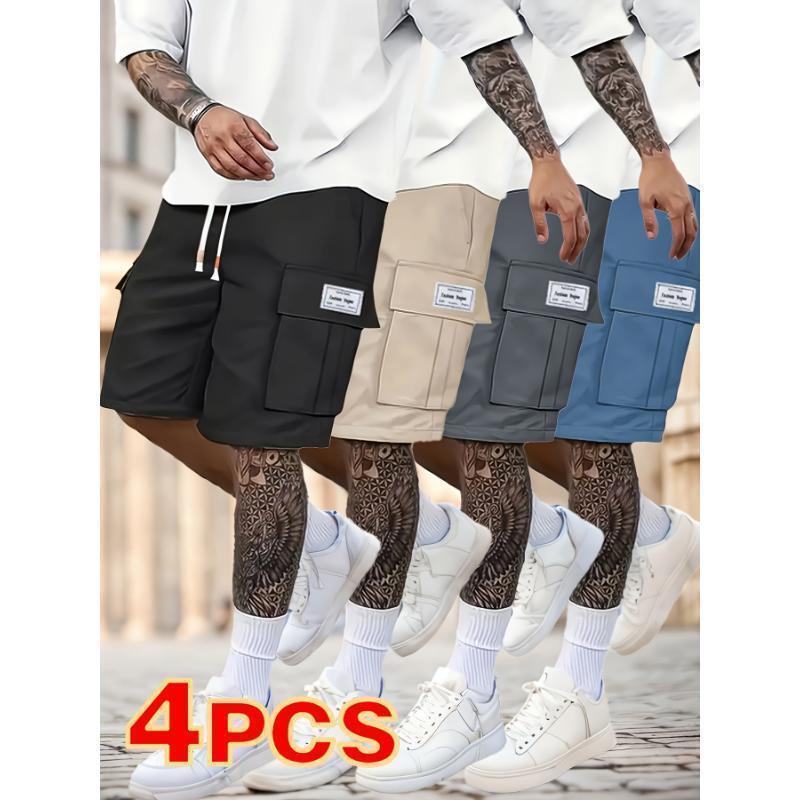 4pcs Men's Casual Cargo Shorts-Loose Fit, Drawstring Waist, Multi-Pocket Design, Polyester Fabric, Solid Colors Black, Beige, Light Blue, Dark Gray for Spring & Summer Breathable Athletic Jockstrap Pack Plus Size Sports Gym Wear Gray Joggers Gift (Sheets)