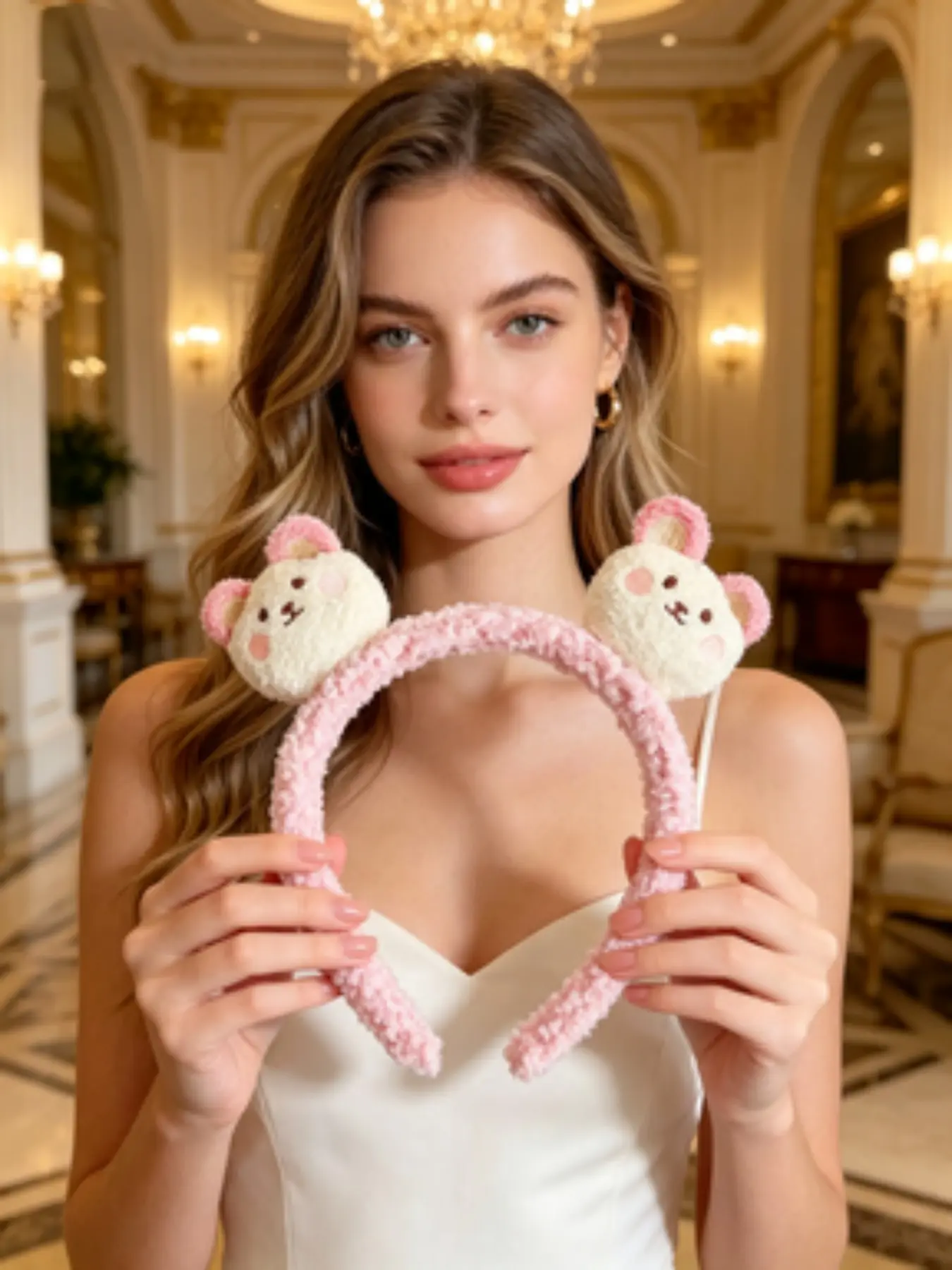 Cute Plush Hairband for Girls, American-Style Cartoon Bear Design, Face-Washing Headband, Ideal for Facial Masks & Internet Style Trends