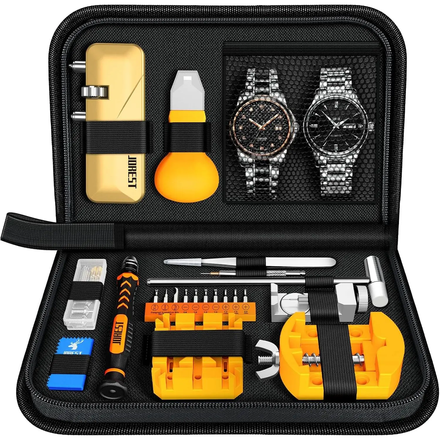 Watch Repair Tool Kit, Battery & Strap Adjustment, Wrench Opening Back Cover, Case Opener, Link Remover, Bracelet Resizing, Band Pin Removal, Screwdriver, Bar