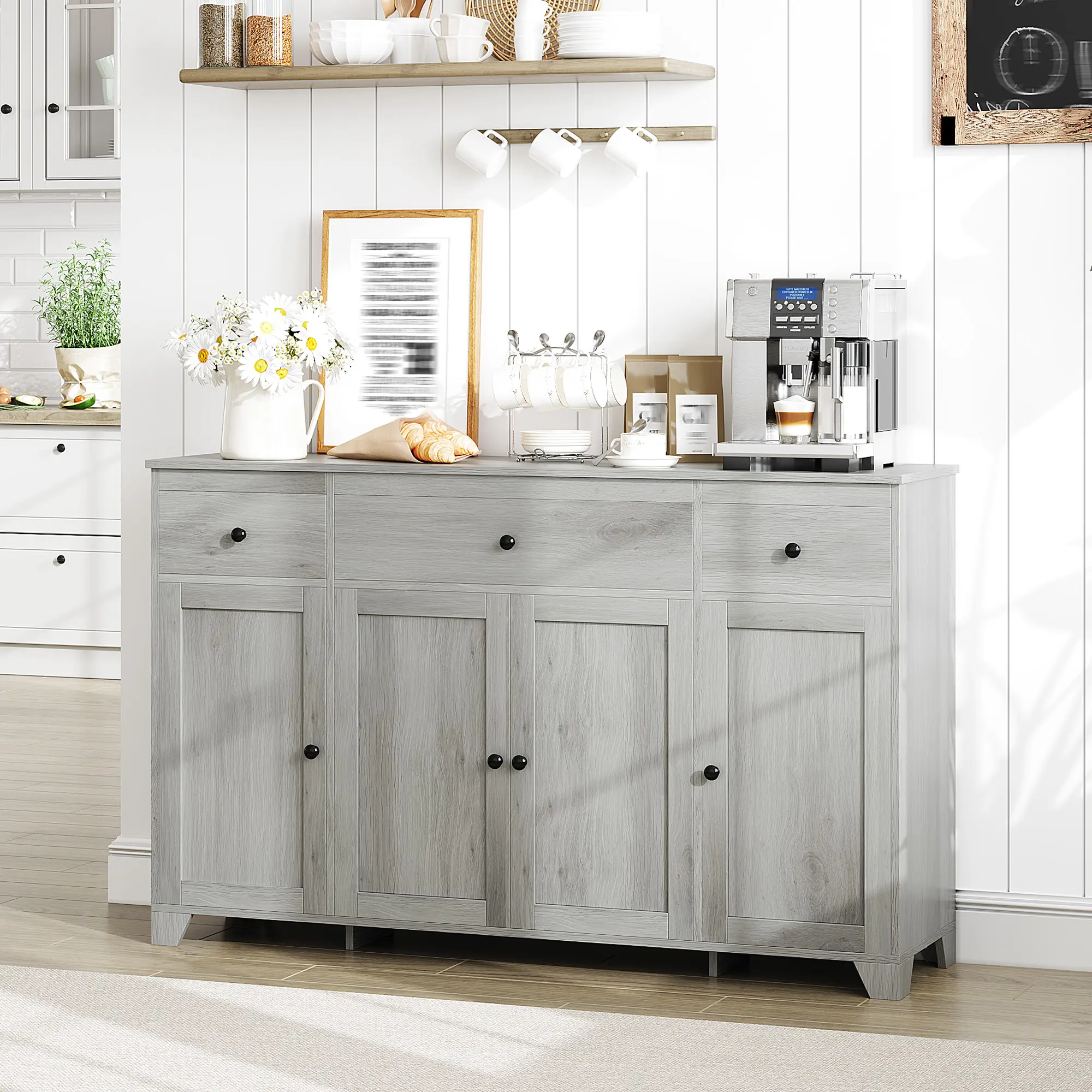 Modern Minimalist Sideboard Cabinet, 55'' Long Entryway Storage with 3 Drawers, 4 Doors & Adjustable Shelves, Heavy-Duty Wooden Console for Kitchen, Dining Room, Living Room & Coffee Bar
