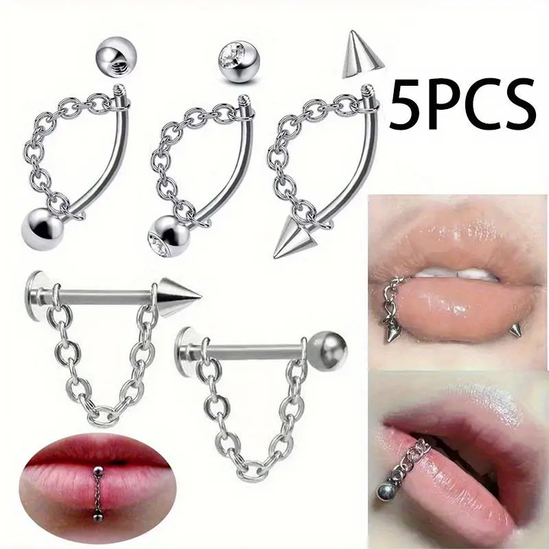 5Pcs Skin-Safe 304L Stainless Steel Lip Piercings Jewelry Set - Chic Studs, Chain, Vintage Round Ball, Pointed Cone Lip Rings, Handmade Accessories for Parties, Music Festivals, Flowers, Female, Rhinestones, High-Quality Materials, Pierced, Birthday