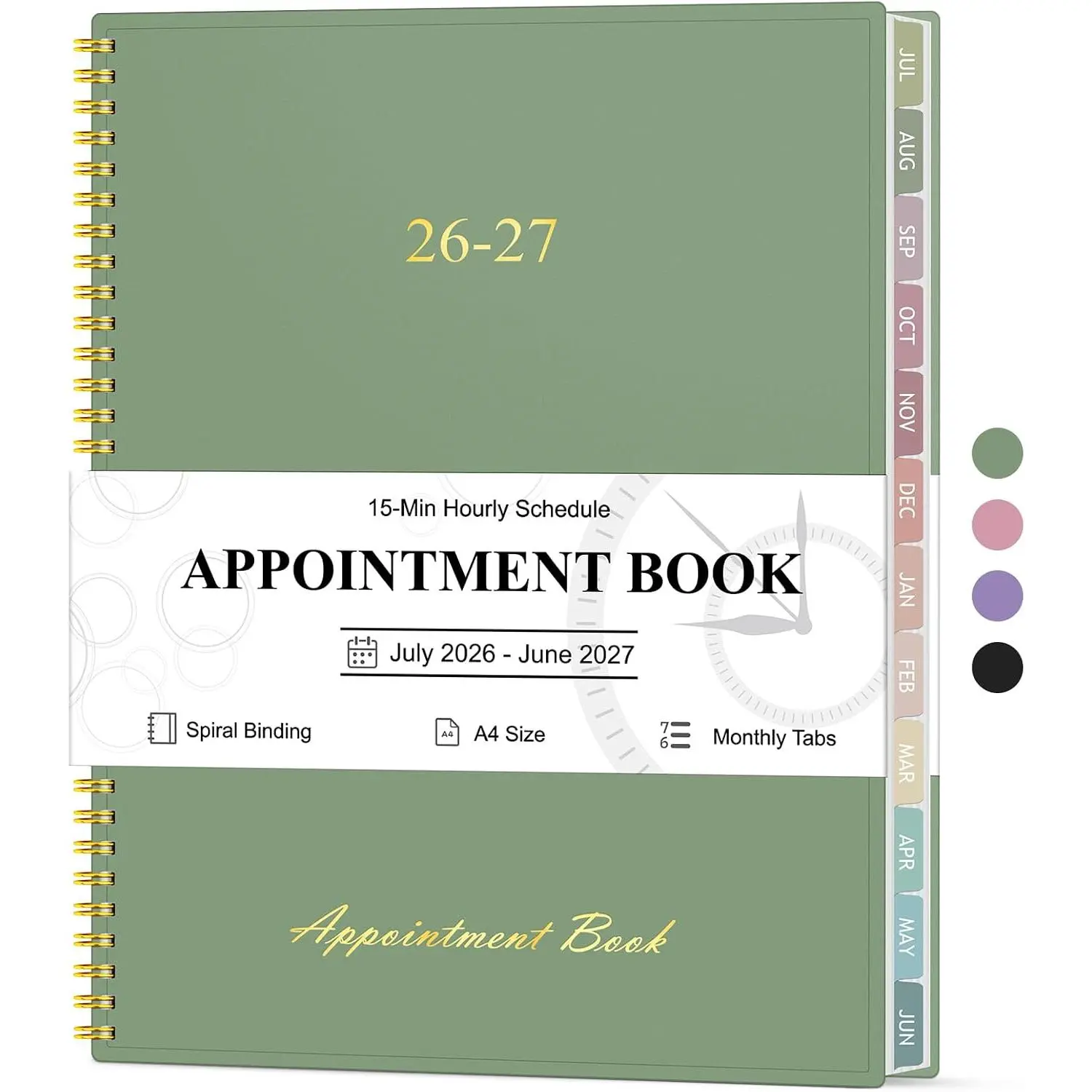 Appointment Book 2026-2027, Hourly Planner from July 2026 to June 2027, 8.5" x 11" Weekly & Monthly Academic Planner, 15-Minute Interval, Flexible Cover, Daily Planning with Hourly Schedule, Green