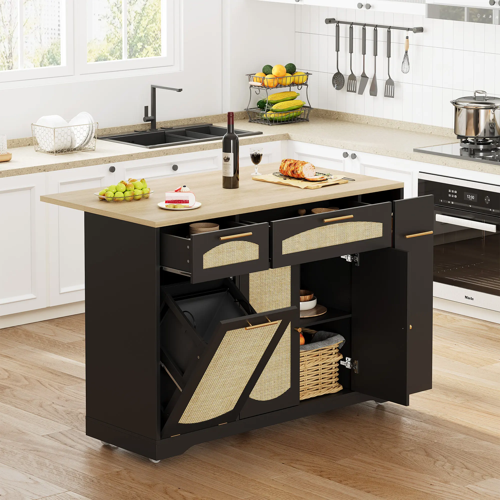 Expandable Rolling Rattan Kitchen Island Cart White Natural, Mobile Kitchen Storage Trolley with Drop Leaf Breakfast Bar Drawer Cabinet Trash Compartment Towel Rack, Multi-Functional Wheeled Organizer for Home Kitchen