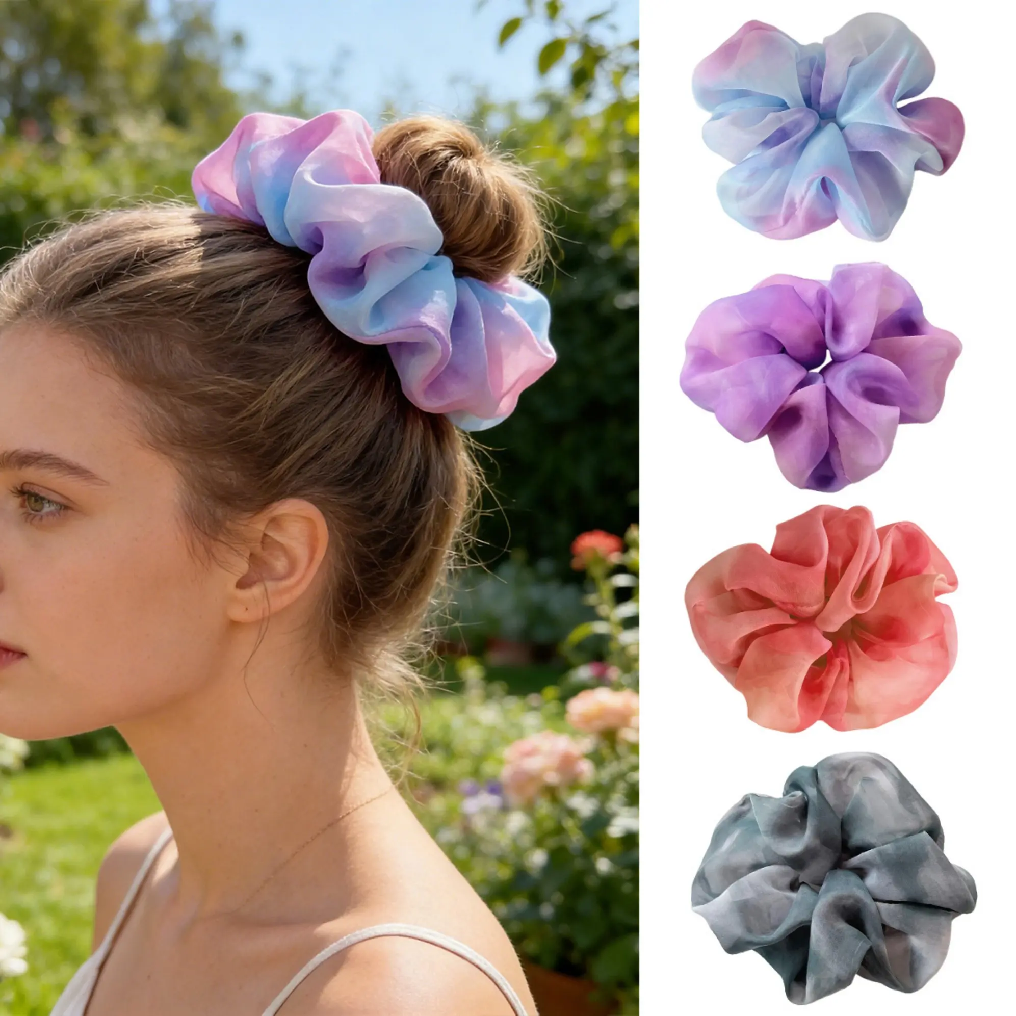 Oversized Bubble Chiffon Scrunchies for Women, 4-Piece Elegant Pastel Hair Tie Set for Everyday Styling, Plastic