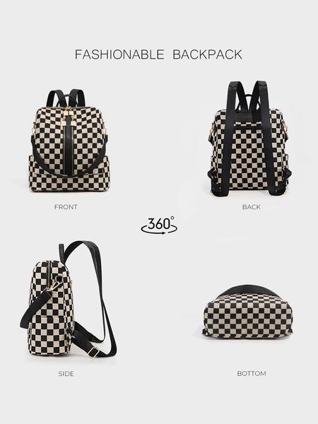 Checkerboard Pattern Backpack Set, Women'S Fashionable Vintage Trendy Casual Large Capacity Zipper Travel Backpack & Wristlet, Multifunctional Bag Set For Daily Use