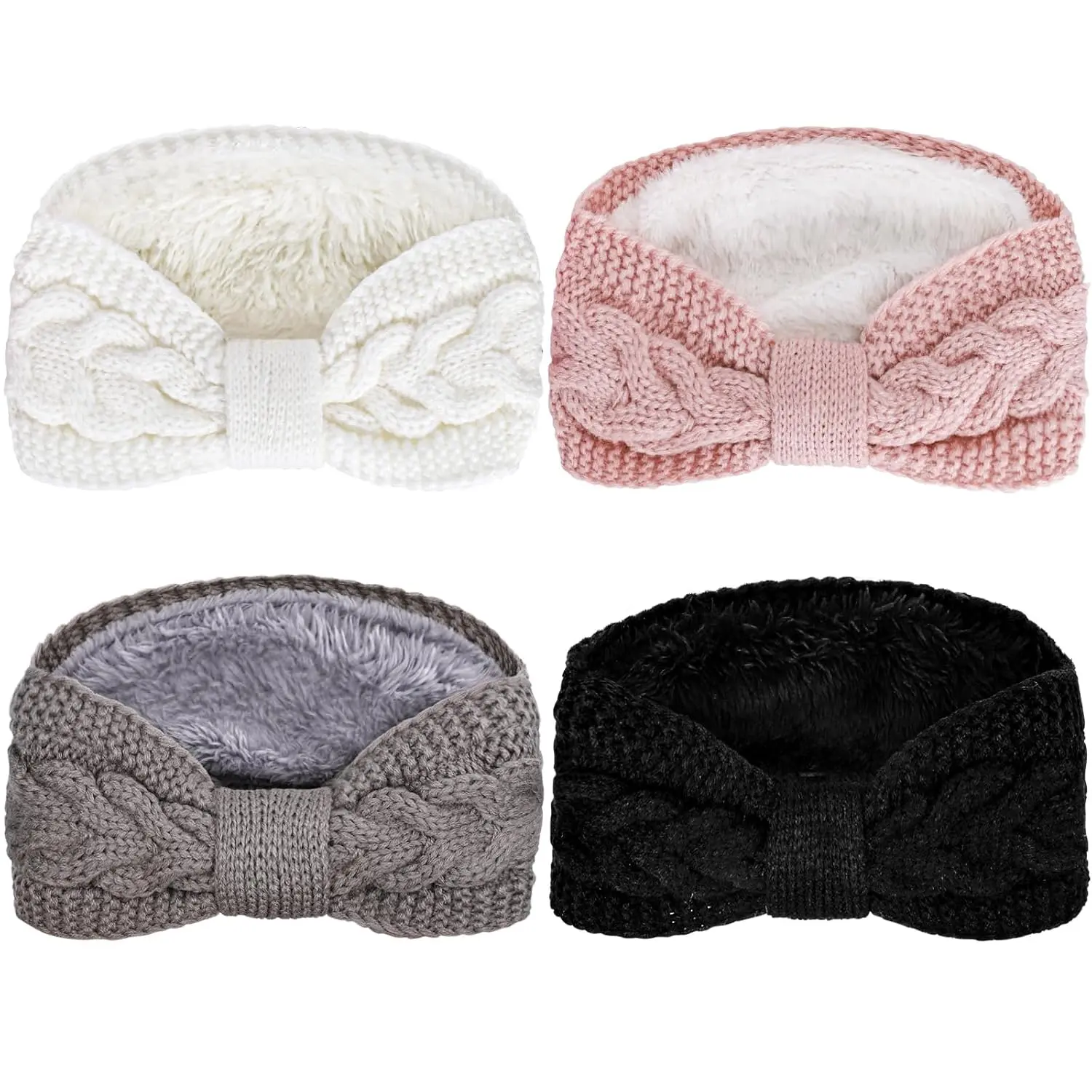 Knit Headbands for Women, 4 Pack Thick Fuzzy Lined Winter Ear Warmers, Twisted Cable Knit Head Wraps, Thick Lined, No Warning Applicable