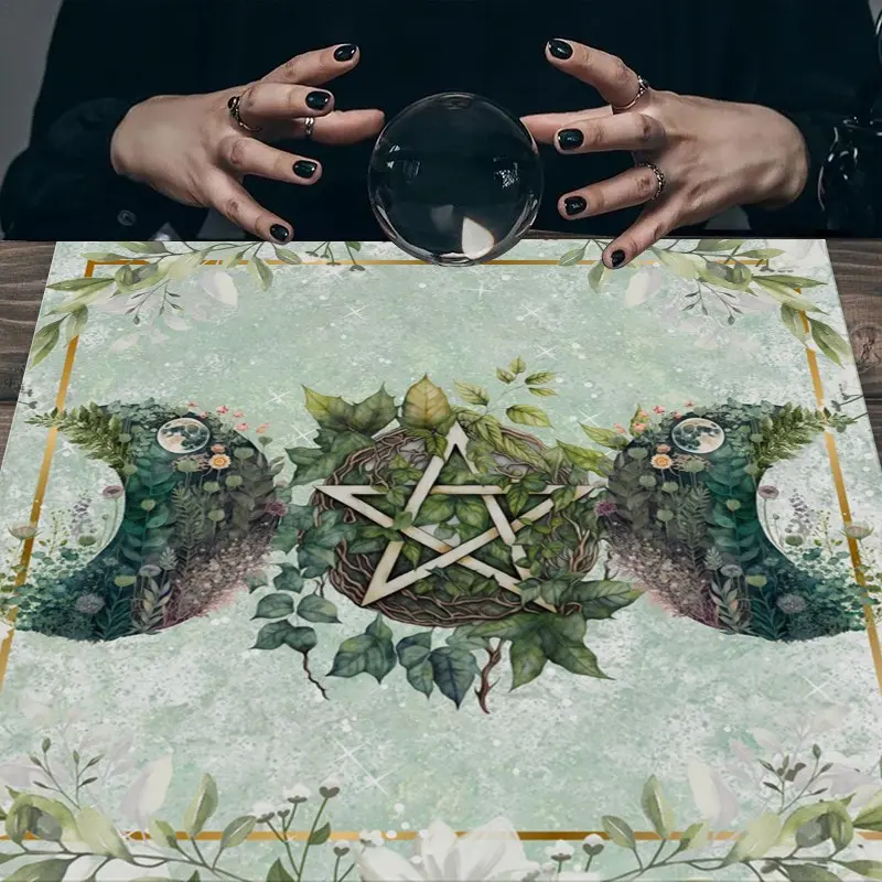 1pc Triple Moon Pentagram Tarot Cloth, Green Botanical Leaf Altar Cloth, Boho Aesthetic Divination Table Cover, Multi‑Purpose Decorative Wall Tapestry for Room Home Decor