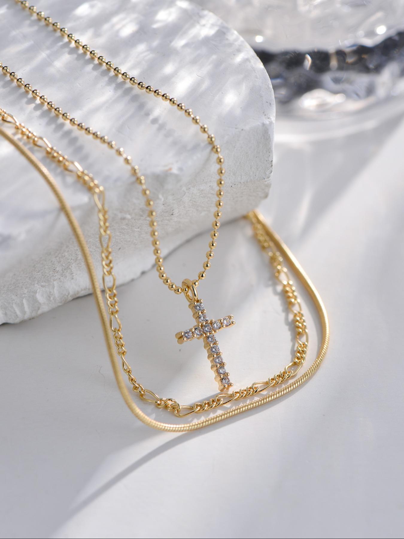 Elegant Women's Layered Necklace Set, Multi-Layer with Artificial Zirconia Stones, Faith-Inspired Jewelry Collection, Cross Charm Necklace, Multilayer Cross Necklace