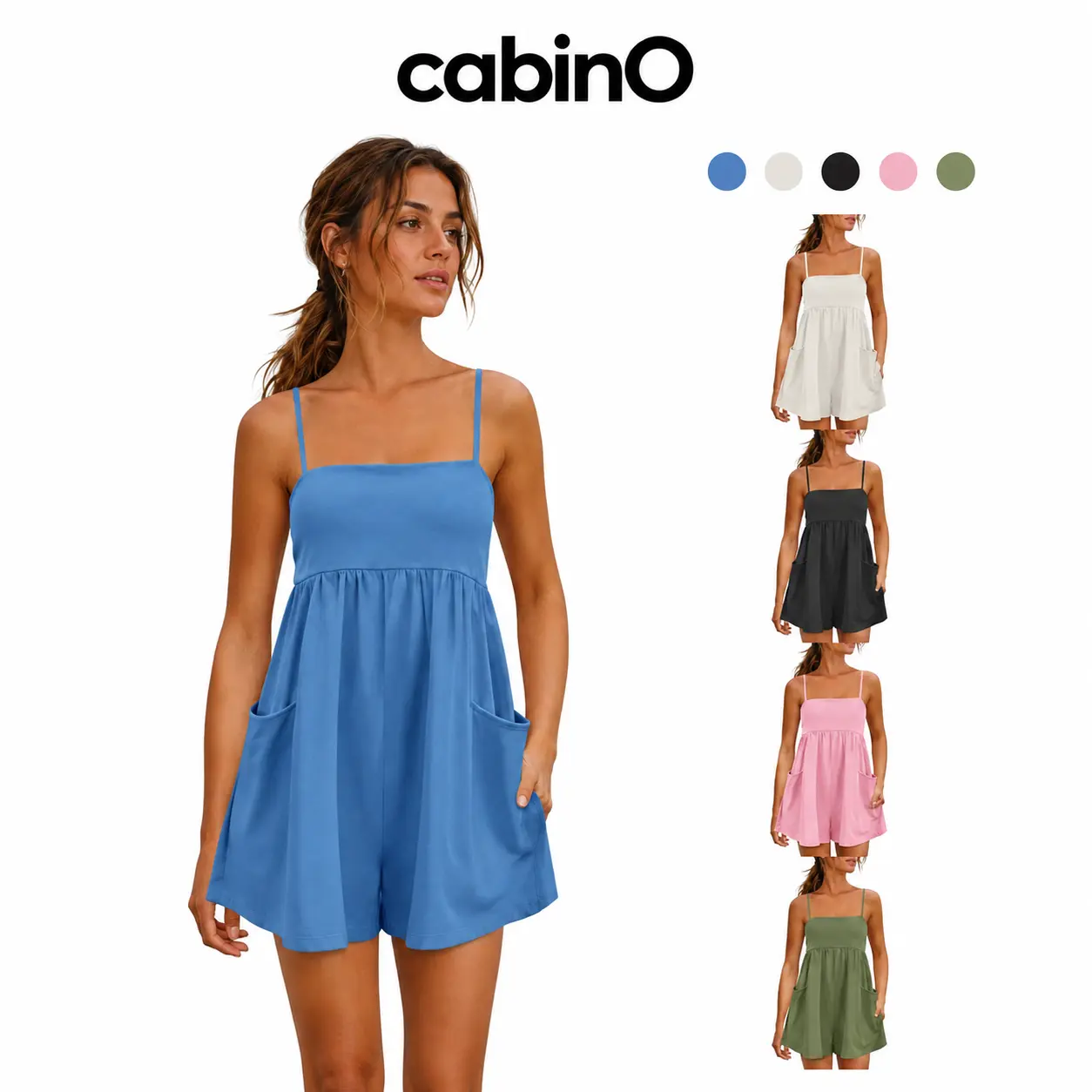 Cabino Women’s Blue Spaghetti-Strap Romper, Square-Neck Loose Babydoll One-Piece Shorts Jumpsuit with Pockets for Summer Beach, Vacation, Travel and Casual Daily Wear