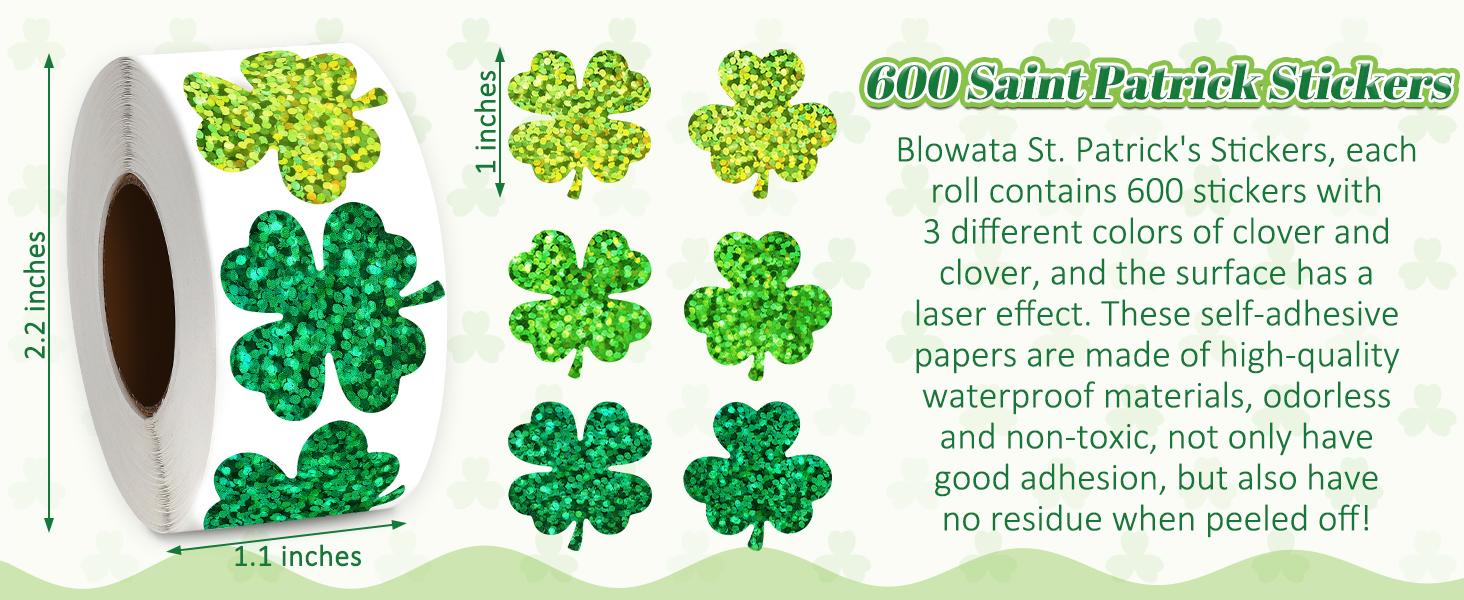 600 Pcs St Patricks Day Stickers, Glitter Shamrock Stickers Roll Green Lucky Sparkly Four Leaf Clover Sticker for Irish Holiday Party Favors Supplies St Patricks Day Decorations Accessories Craft Gift