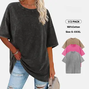 [NEW COLOR!]Women's Acid Washed Tees 1/2PCs Loose Fit Short Sleeve Casual Streetwear Baggy Basic Tops Crewneck Soft Cotton Fabric Green Minimalist Style Womenswear Solid Maternity Summer T Shirts Vintage Tshirt Round Neck Relaxed