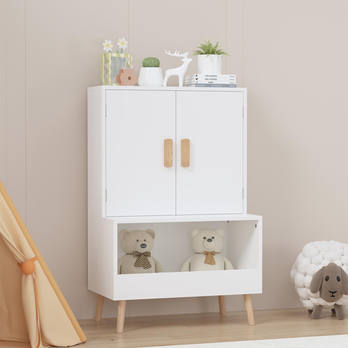 Kids Toy Storage Cabinet with Doors and Open Shelf, White Modern Wooden Organizer with Natural Wood Legs, Toddler Bookshelf for Playroom, Nursery, Bedroom