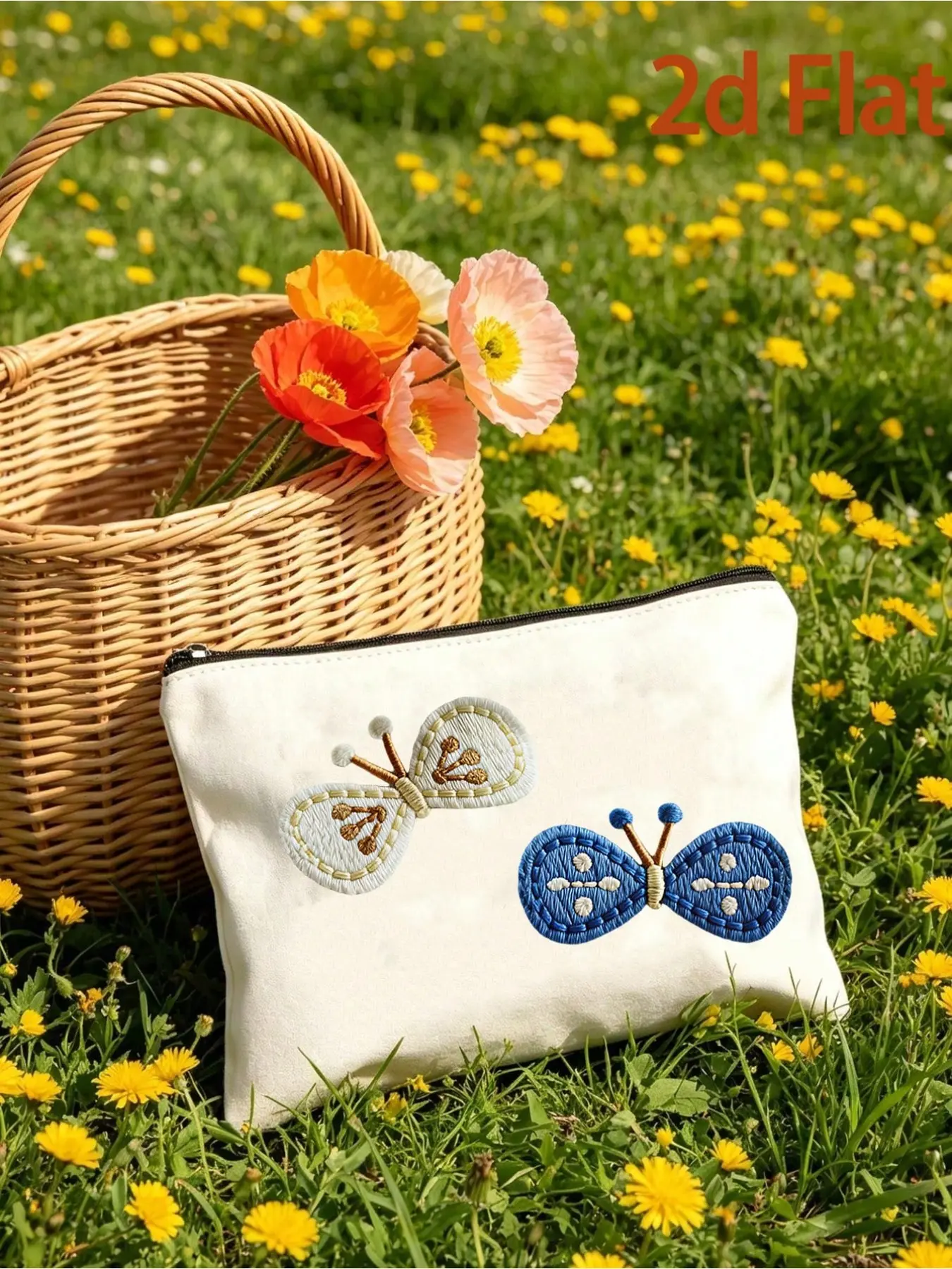 2D Embroidered Butterfly Canvas Zipper Pouch Portable multi-use bag for makeup, earbuds and small items, multiple colors available. Great for travel, school and daily use, ideal gift for butterfly lovers. (Not 3D)