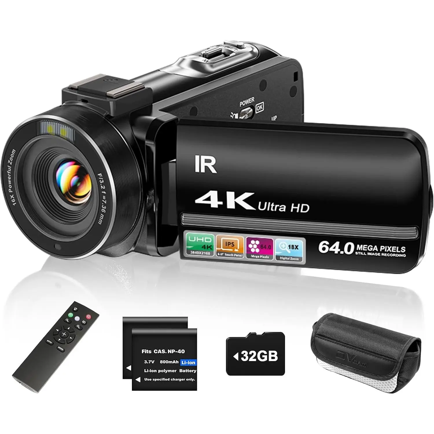 4K Video Camera Camcorder UHD 64MP Vlogging Camera for YouTube 18x Digital Zoom 3" 270° Rotation IPS Touchscreen Video Camcorder with Night Vision, Remote Control, 32GB Card, 2
