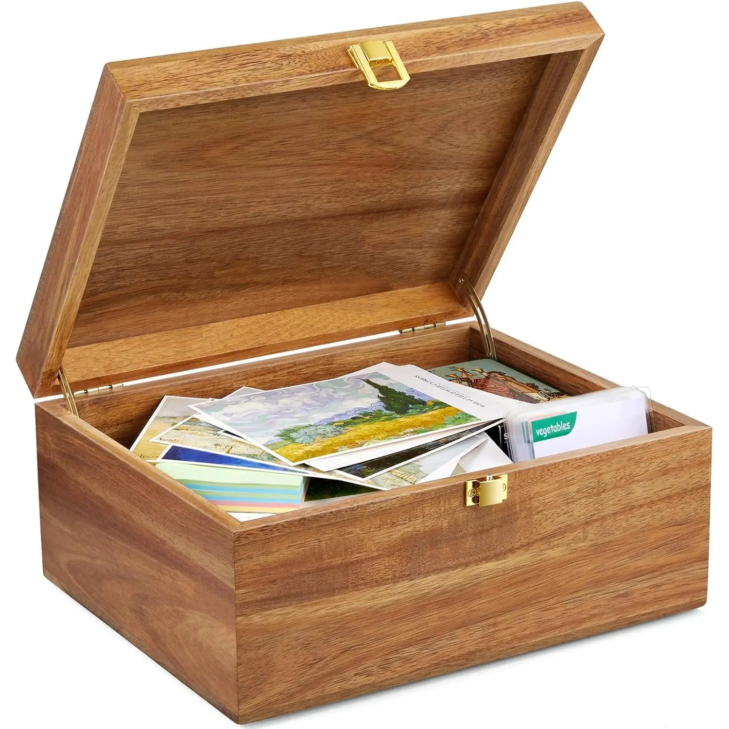 Wooden keepsake box, large acacia wood storage memory box, with hinged lid, used for crafts and photo storage