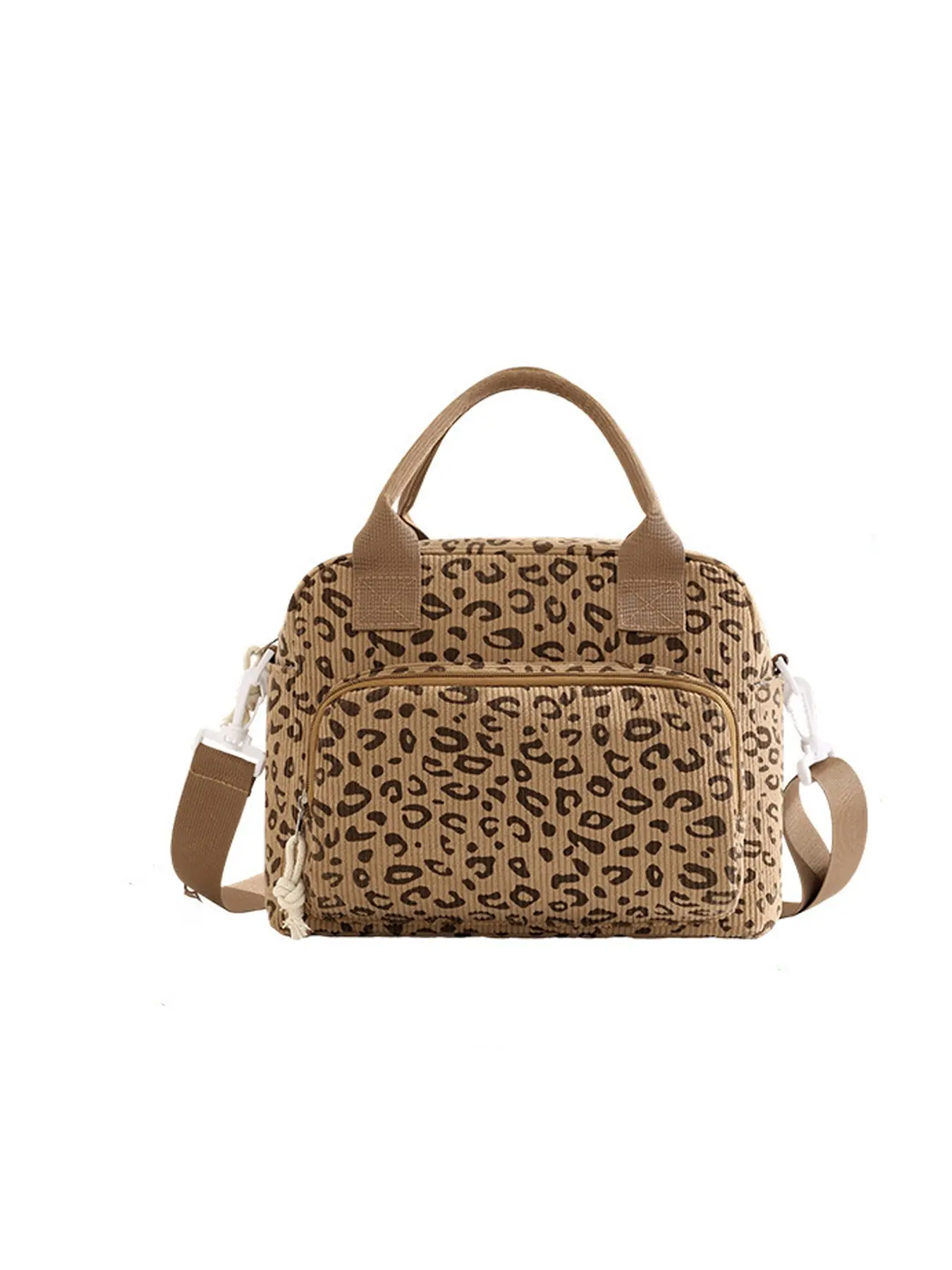 Leopard Print Corduroy Lunch Bag, Multi-Purpose Insulated Tote Handbag with Detachable Shoulder Strap, Casual Crossbody Bag with Front Pocket, Multifunctional Insulated Bag, for Work, School, Picnic & Mommy Use, Lunch Box Bag