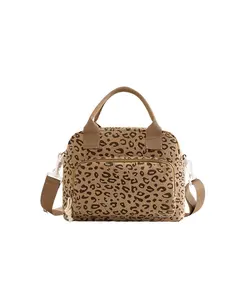 Leopard Print Corduroy Lunch Bag, Multi-Purpose Insulated Tote Handbag with Detachable Shoulder Strap, Casual Crossbody Bag with Front Pocket, for Work, School, Picnic & Mommy Use