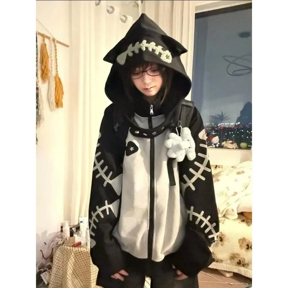 Women's Japanese Subculture Patchwork Loose Hoodie Pullover, Gothic Punk Embroidery Longsleeves Tops, Casual Vintage DIY Specialty Supplies Jacket Sweatshirt
