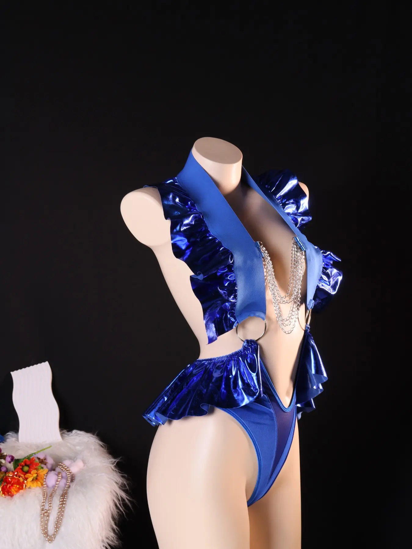 Deep V Seamless Bodycon Bra, Three Colors Blue, Layered Ruffle Design, Comfortable Eco-Friendly Fabric, Trendy Lingerie