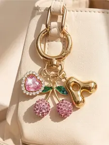 Fashion New Alloy Diamond Cherry Heart Keychain, Rhinestone A-Z Bubble Letters, Love Theme, Perfect Gift for All Occasions