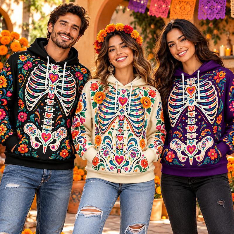 Día de los Muertos Skeleton Ribcage All Over Print Hoodie, Mexican Floral Sugar Skull Heart Skeleton Hooded Sweatshirt, Day of the Dead Marigold Festival Matching Outfit # Diade of the Dead # DayOfTheDead # SugarSkullHoodie # MexicanFestival # Fall Fashio