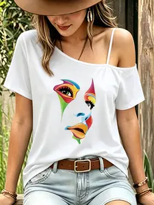 Women's Asymmetrical Neckline Off-Shoulder T-Shirt, Casual Short Sleeve Top, Heart Pattern, All Seasons Fashion
