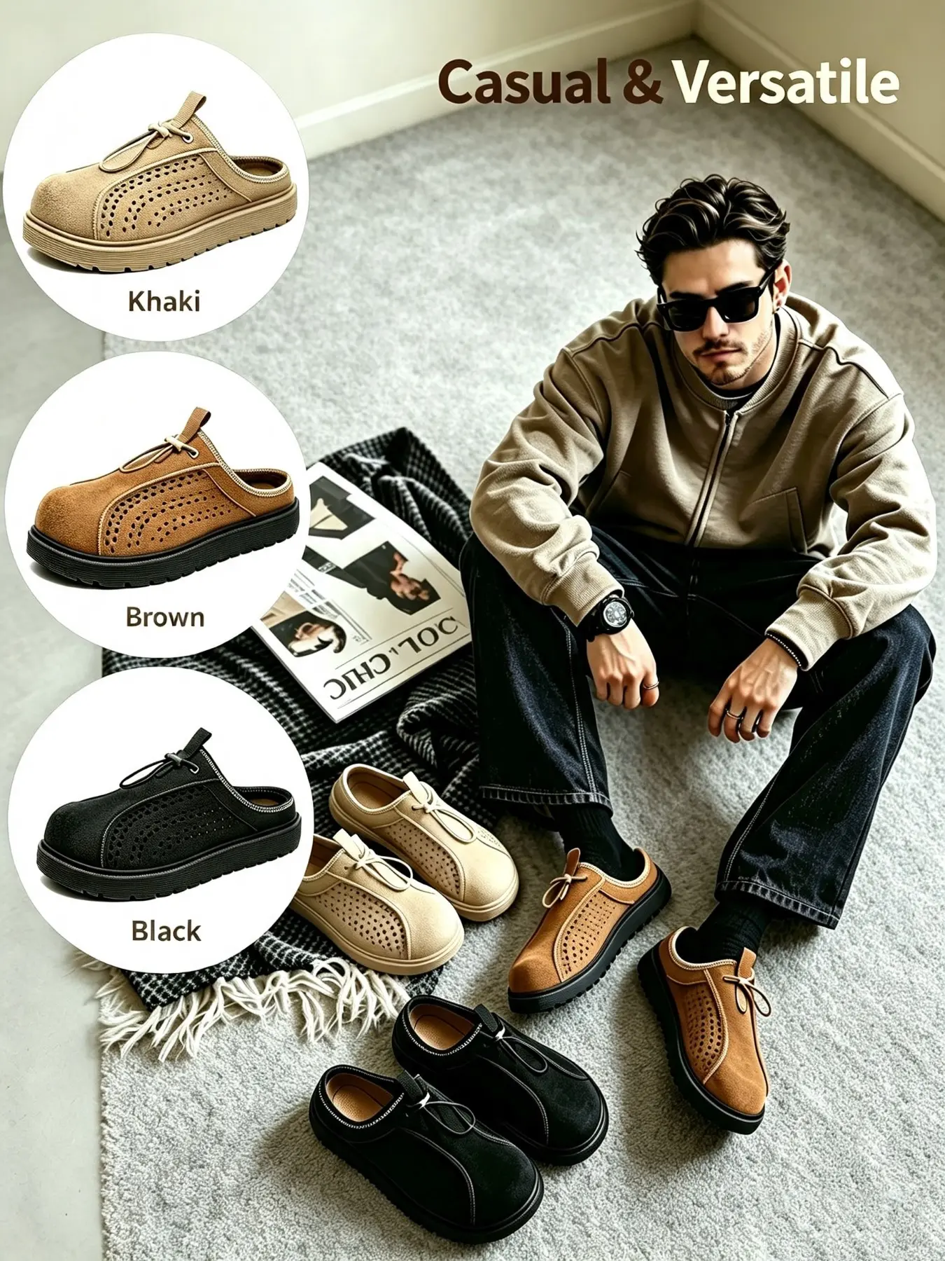 Men's Flat Slip‑On Shoes, Hollow‑Out Flat Sandal Slippers, Casual Flat Mules, Closed‑Toe Backless Flat Slip‑Ons, Drawstring Platform Flat Casual Shoes for Daily Commute, Office Casual Wear, City Street Stroll, Short‑Trip Travel, Weekend Casual Activities