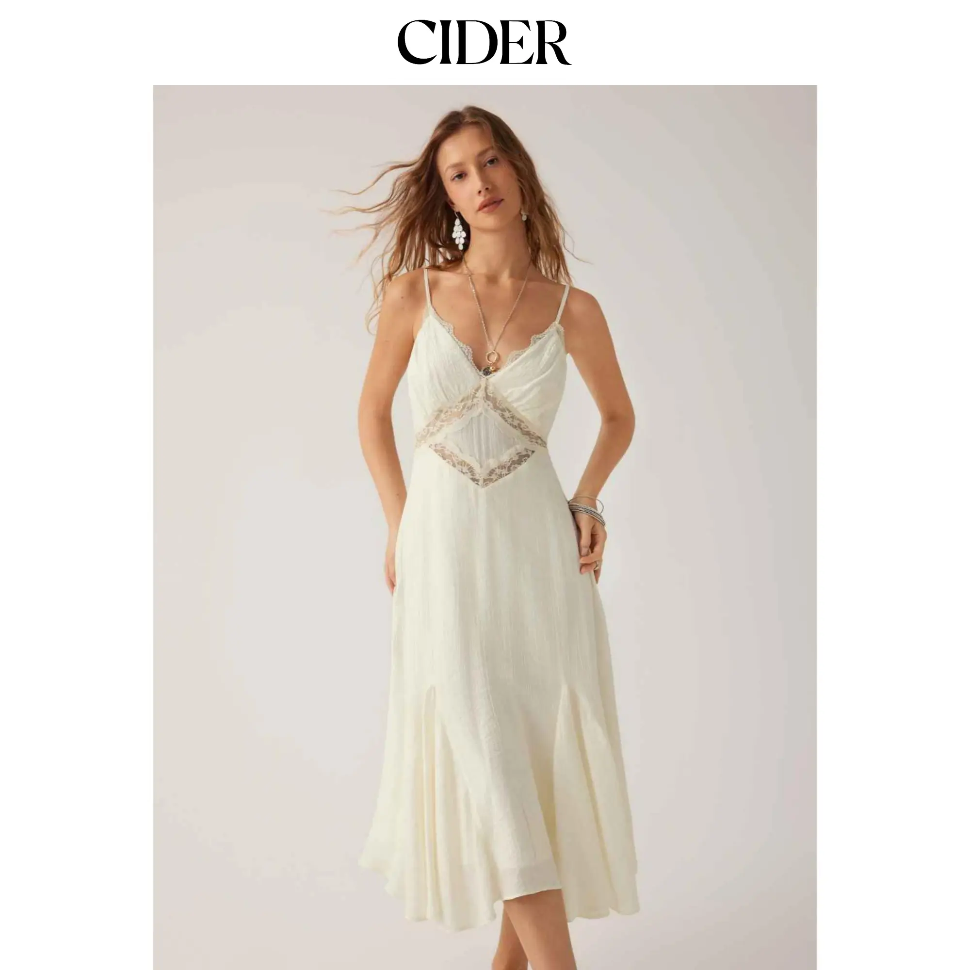 Cider Women's Formal Camisole Dress - V-Neck, Lace Paneling, A-Line, Midi Length Womenswear Clothes, Polyester Blend, Sleeveless, Us Sizes Xxs-Xl, Contrast Lace, Occasion