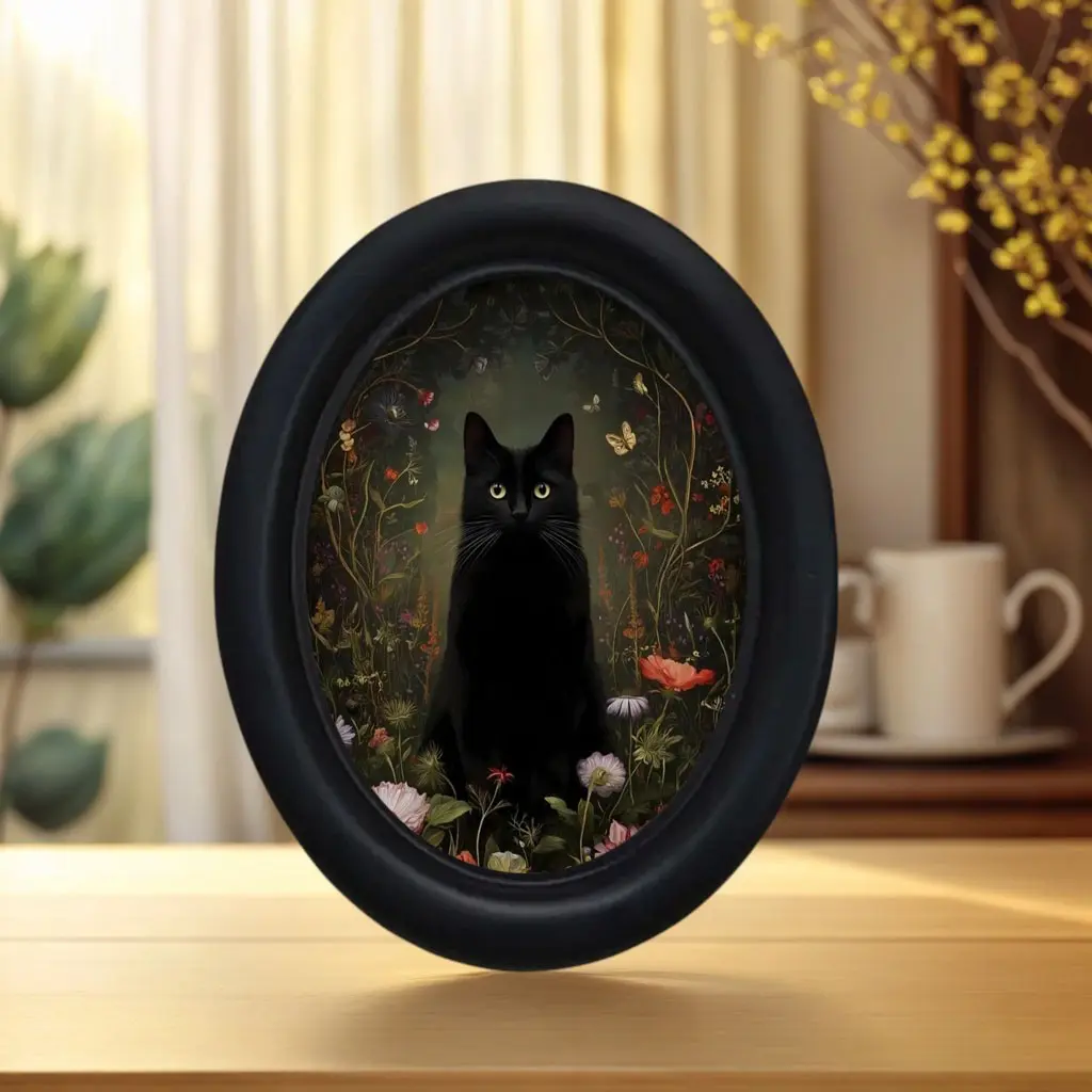 Halloween Dark Floral Butterfly Cat Vintage Oval Ornament, Gothic Indoor Decor, Bedroom Living Room Fall Festival Gift