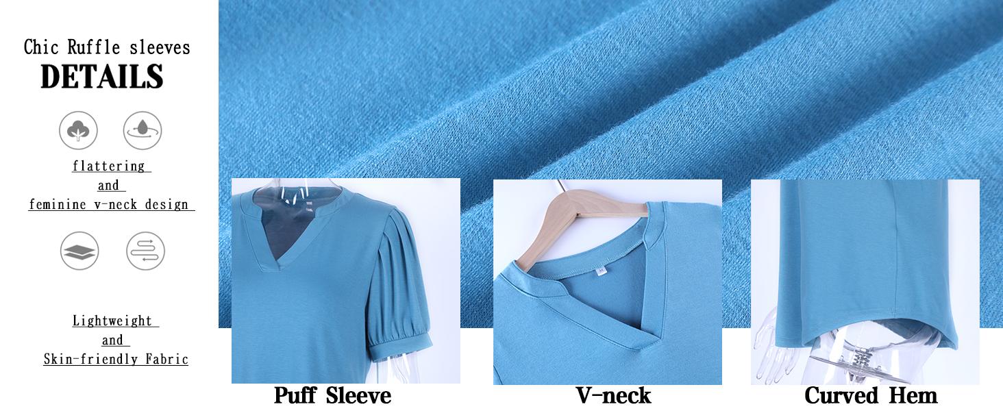 WIHOLL Women's Pleated Puff Sleeve Tops Summer V Neck Tunic Shirts Loose Curved Hem Blouses Dressy Casual S-3XL SpringStatements