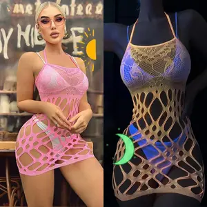 Glow-In-Dark Pink Tearable Hollow Fishnet Bodystocking Lingerie
