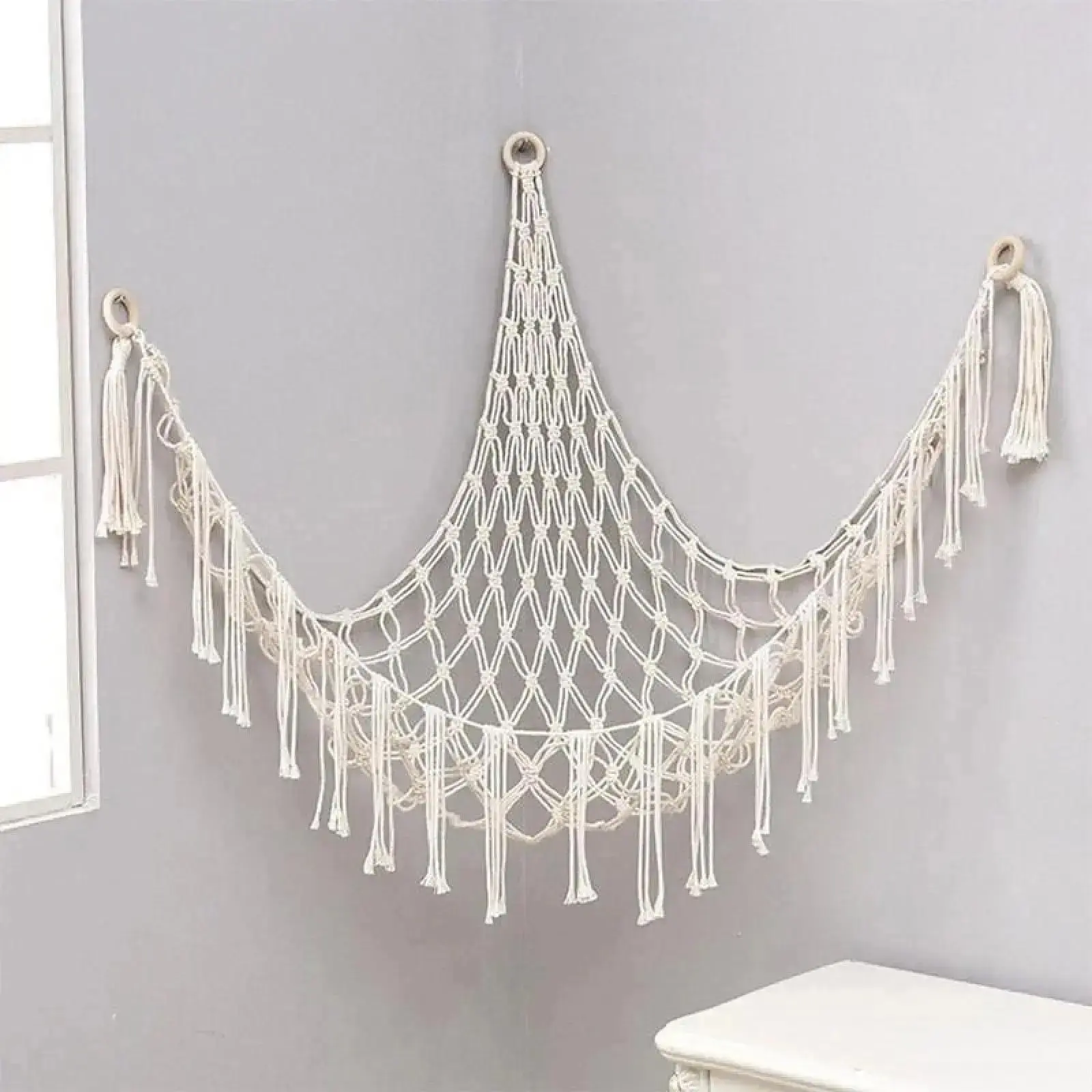 Stuffed Animal Corner Hammock 60-Inch Handwoven Boho Cotton Rope Toy Organizer Wall Hanging Storage Net for Bedroom Nursery Playroom Display Decor