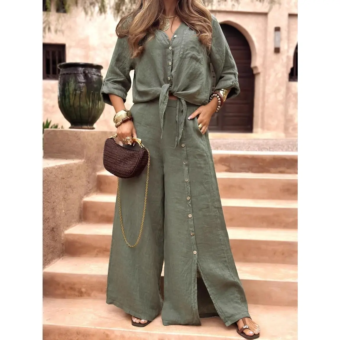 Lady's 2-Piece Basic Minimalist Casual All-Season Outfit - Longsleeves Loose Fit Shirt with Tie Hem, Single Button Decorated Wide Leg Pants, Includes Free Matching Bracelet as Shown