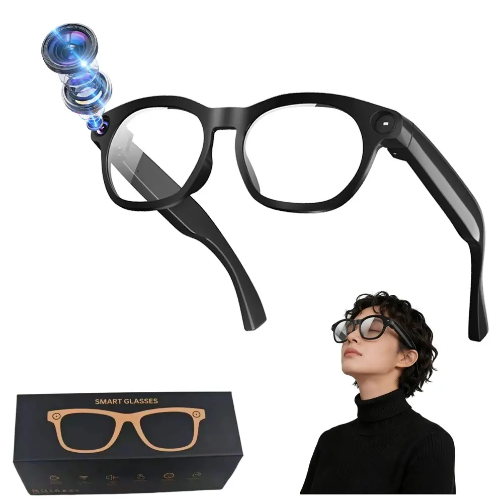 Smart Glasses with AI Translation, 290Mah Battery, 8MP Camera, Anti-Shake Video Recording, 4GB Memory (No TF Card Need), Build-in Mic & Speakers, Bluetooth Calling,  WiFi Transfer, 2 Lenses Total (Transparent +Black)