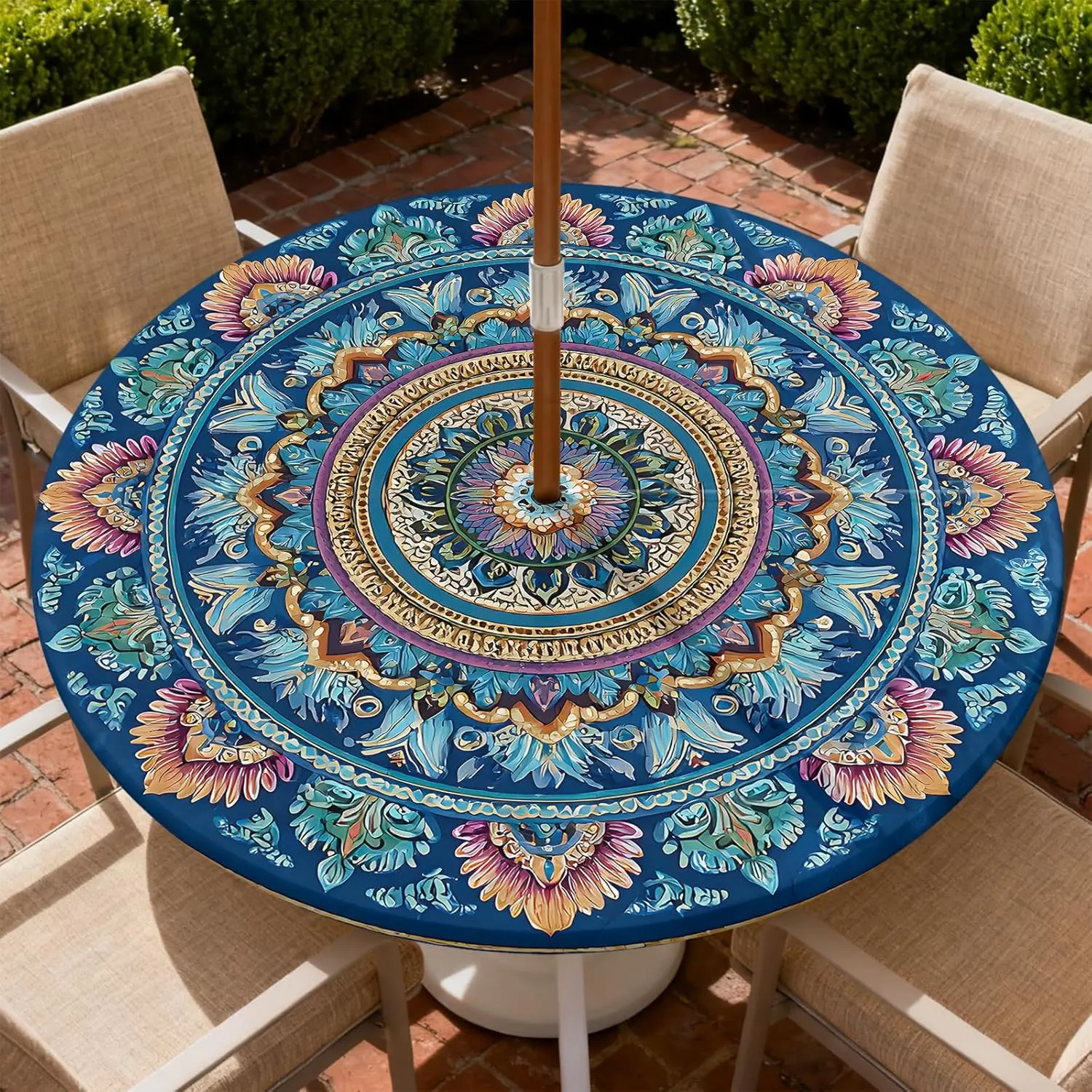 Waterproof Round Fitted Tablecloth for 45-48" Tables, Outdoors Patio Garden Picnic Cover with Umbrella Hole, Zipper, Elastic Edge, Wipeable Protector