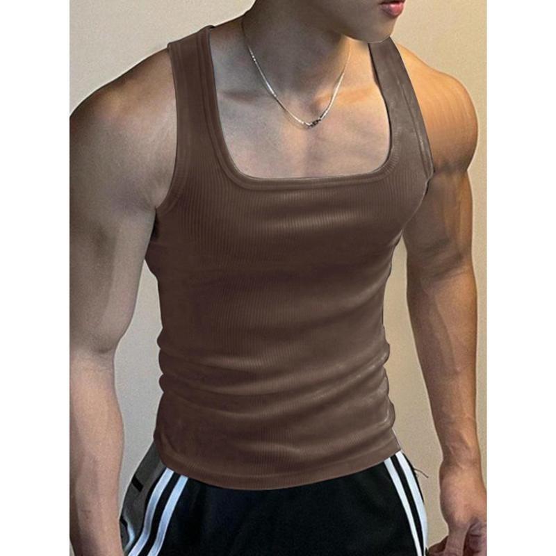 Men's solid color square-neck ribbed casual versatile tank top, men's clothing, brown socks, beige hem, stretch fabric, plain color