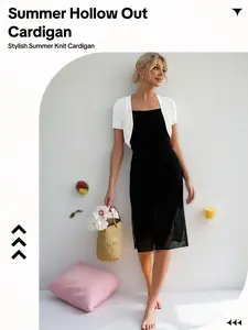 Women's Summer Short Sleeve Cardigan, Elegant Cut Out Knit Shrug for Parties, Fitted Plain Design for Dating & Daily Wear