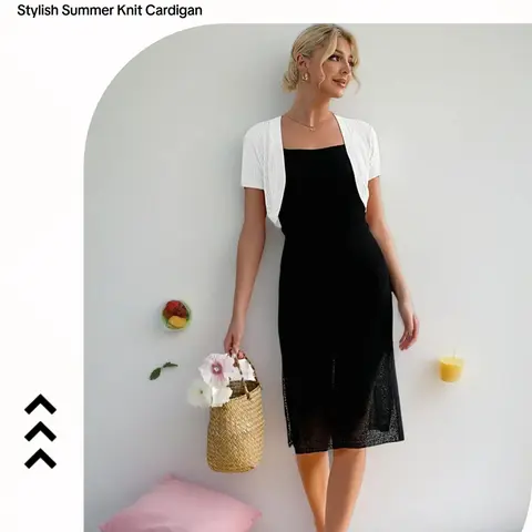 Women's Summer Short Sleeve Cardigan, Elegant Cut Out Knit Shrug for Parties, Fitted Plain Design for Dating & Daily Wear, Knitwear