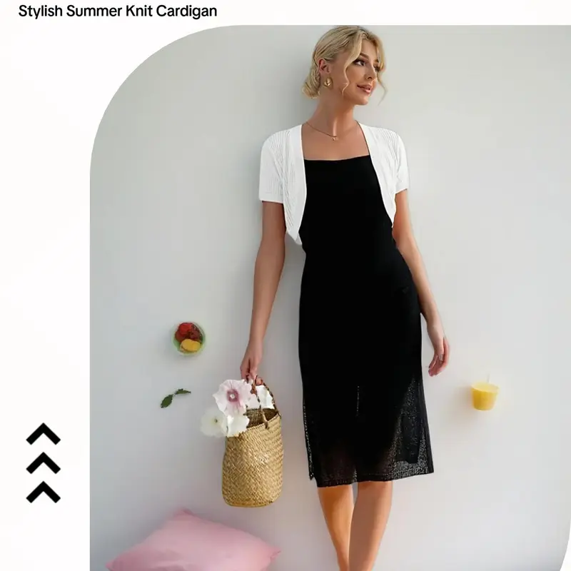 Women's Summer Short Sleeve Cardigan, Elegant Cut Out Knit Shrug for Parties, Fitted Plain Design for Dating & Daily Wear, Knitwear