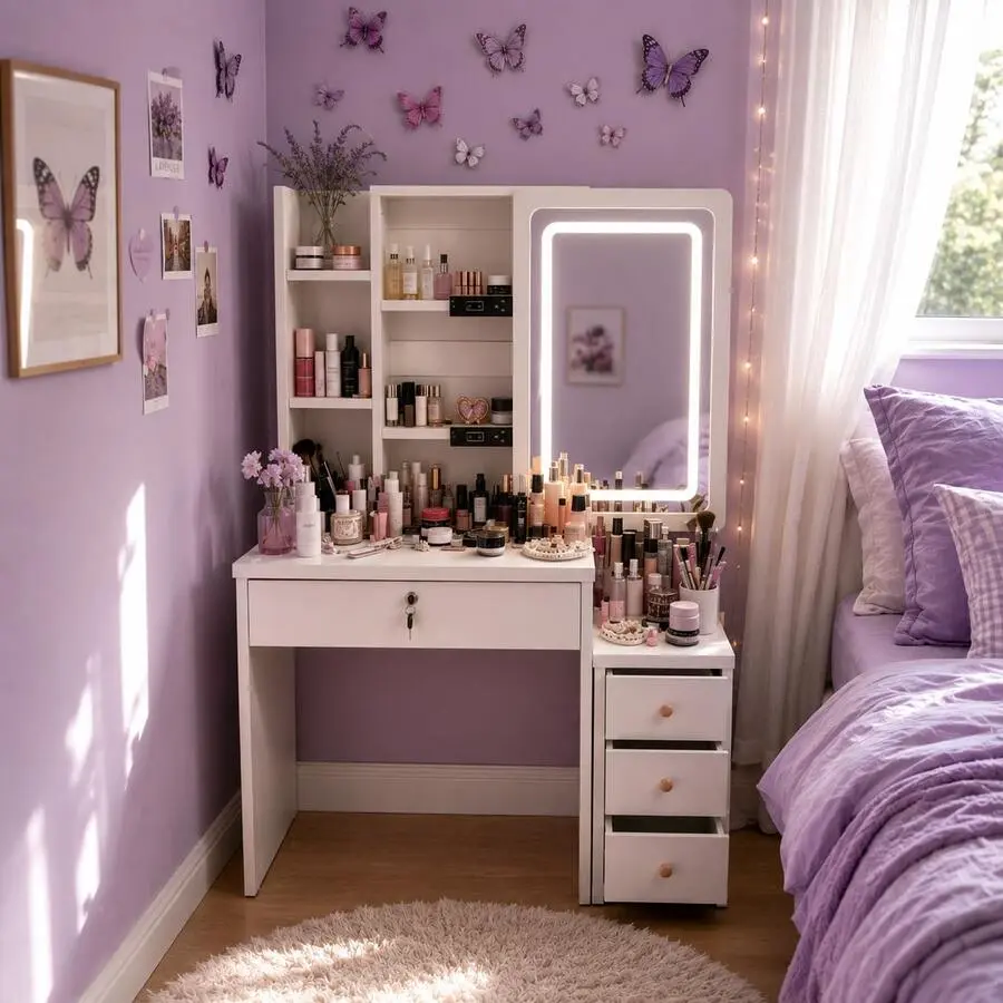 DIY Combinable 2-In-1 Makeup Vanity Table, LED Mirror & Detachable Low Cabinet, Multi-Purpose Dresser Can Be Used As Nightstand, Ideal Gift For Women
