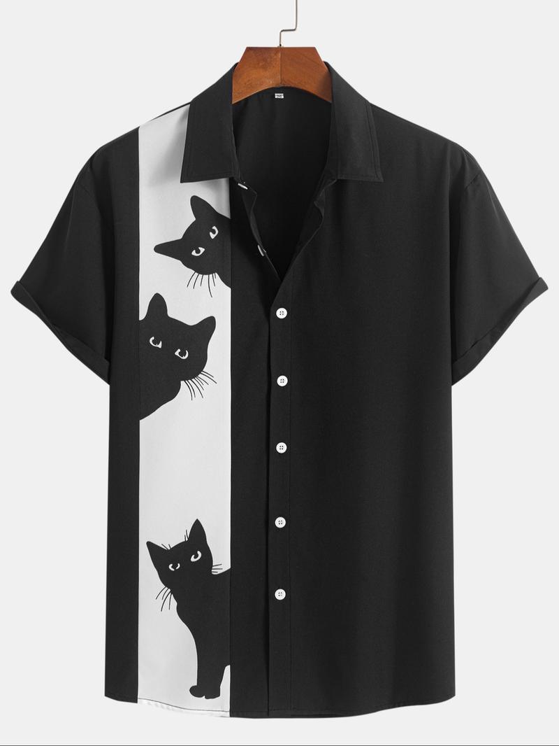 Men's Cat Print Button Front Shirt, Regular Fit Casual Short Sleeve Collared Top for Summer, Fashion Men's Top for Daily Wear, Animal Print Shirt