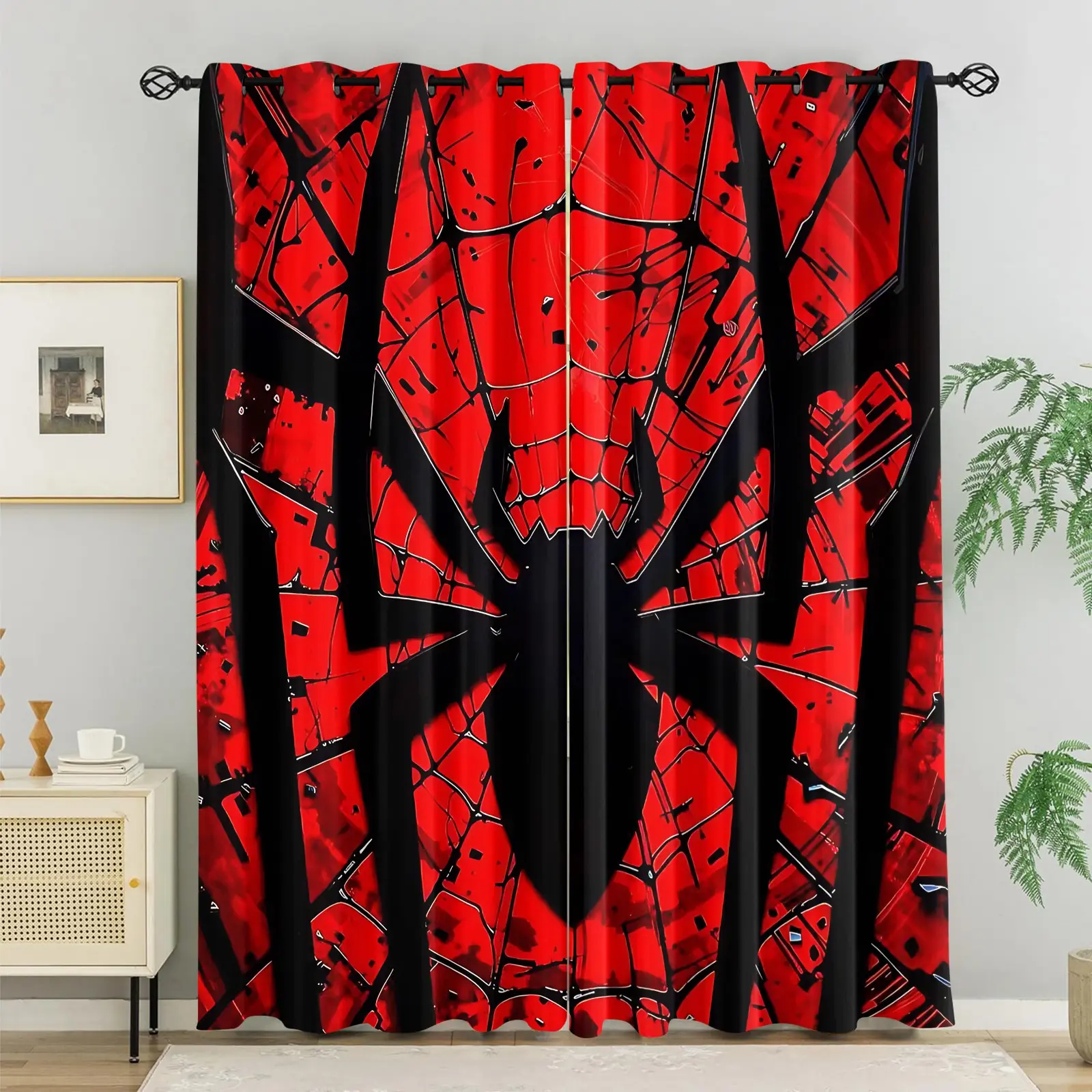 2 Panels Cool Spider Printed Curtains, Darkening Decoration Curtains, Red Black Spider Web Window Curtains, Window Drapes, Stylish Themed Home Curtain for Boys Teen Bedroom Decor, Ideal Birthday Holiday Gift