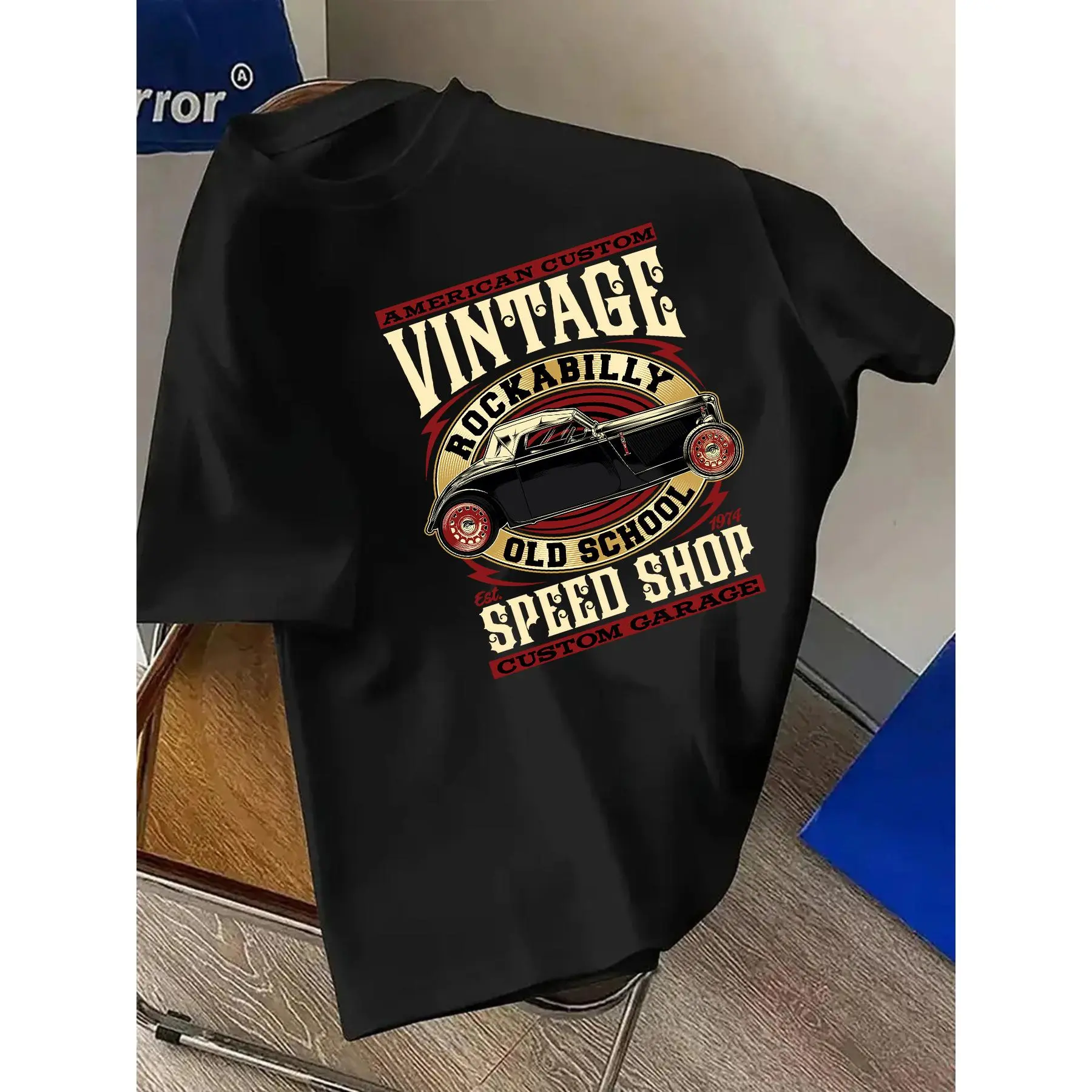 Men'S Plus-Size T-Shirts Made of 100% Featuring a Vintage American Car Print, Classic Rockabilly Style, And a 1974 Speed Shop Garage Theme. A Comfortable Casual Short-Sleeve Tee Perfect for Summer, Plus Size