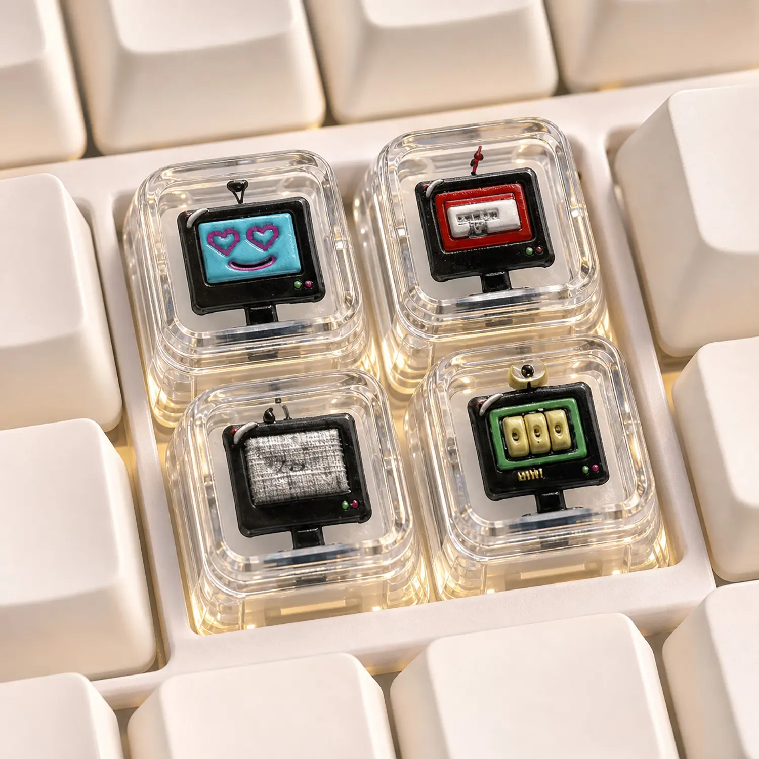 TOCOKEY 4PCS Retro TV 3D Embossed Transparent Keycaps, Double-Layer XDA 1U Set with Puller for MX Mechanical Keyboards