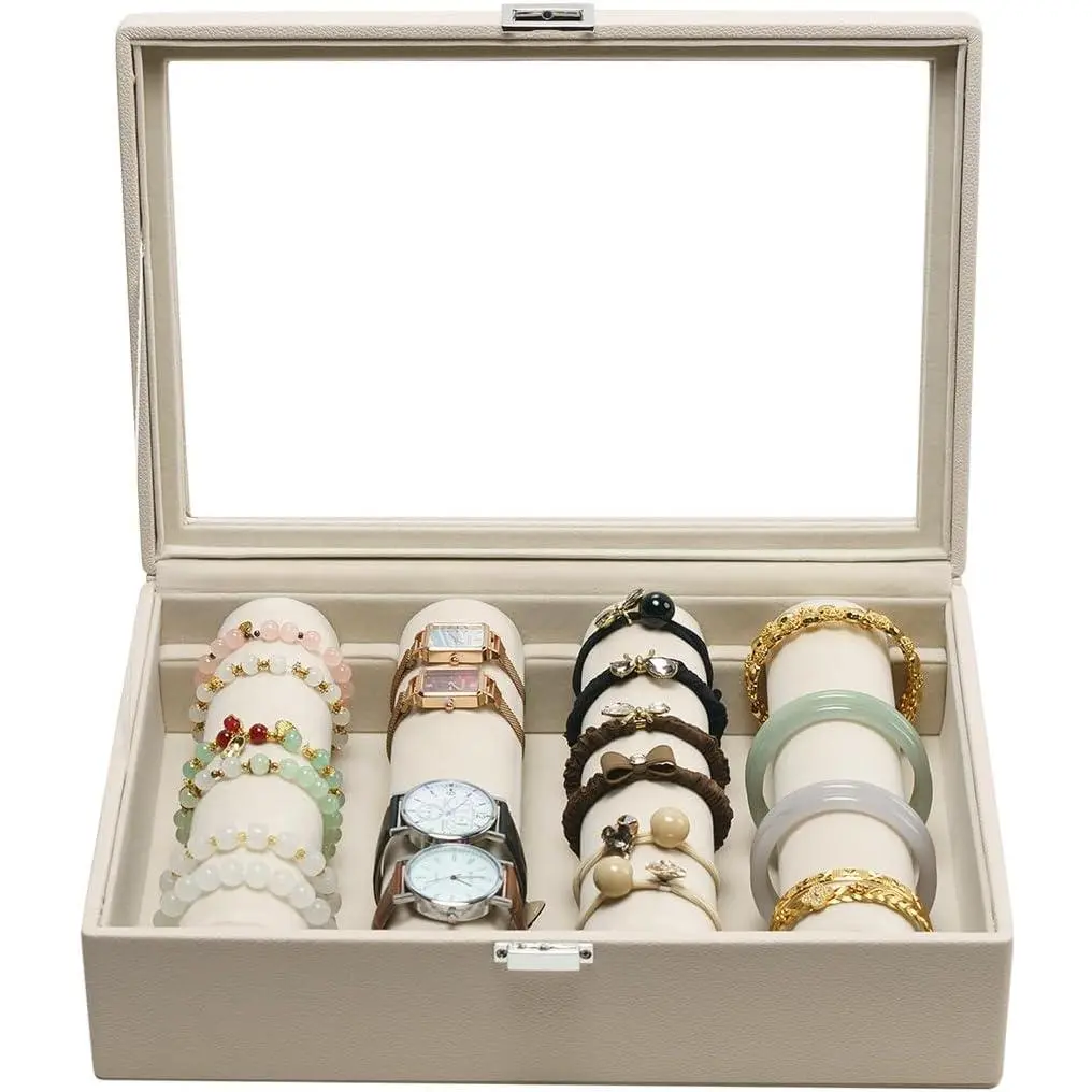 Bracelets Organizer Rods Bangles Display Holder, Clear See through Lid Leather   Storage Box Case for Women, 4 Rods Apricot Leather