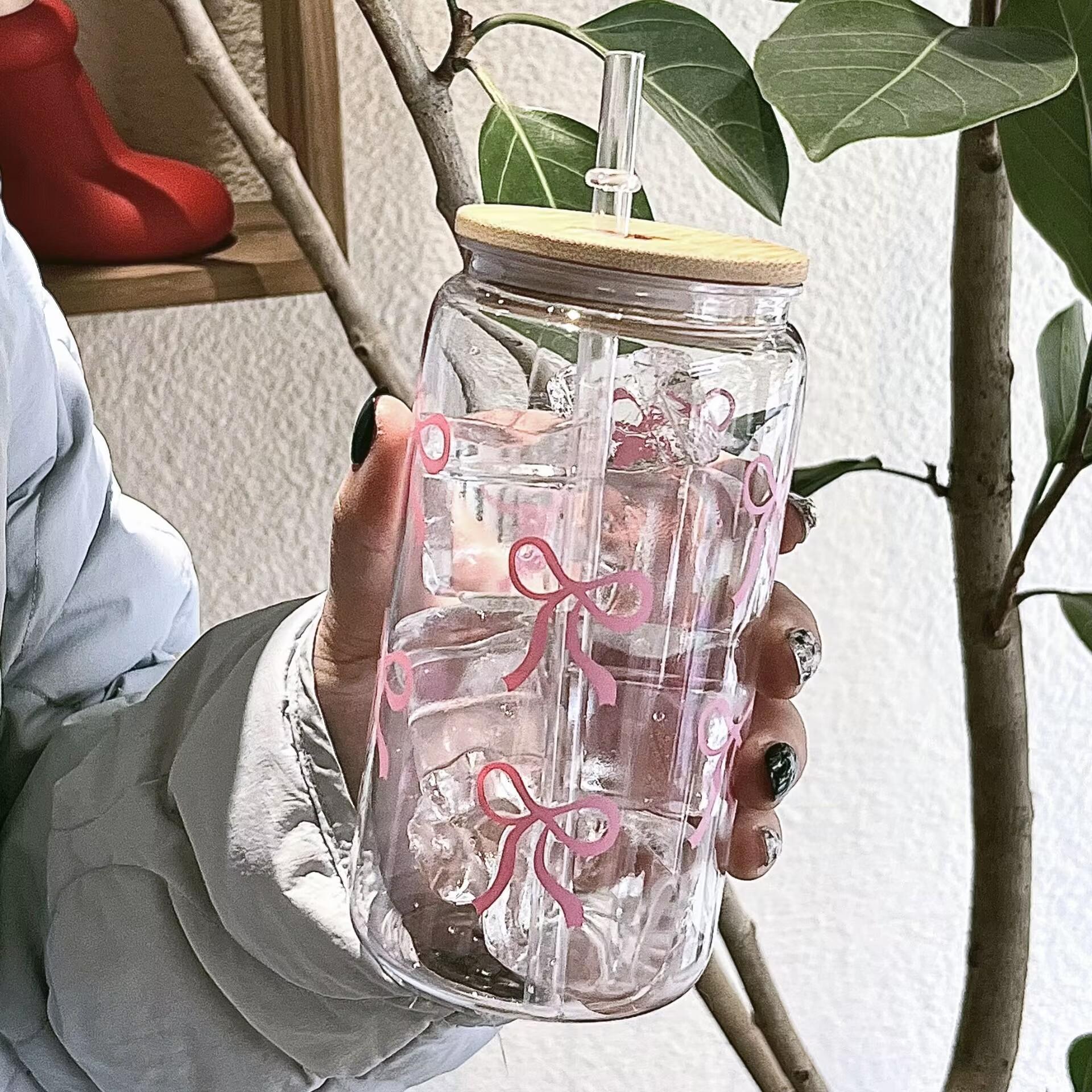 Bow Pattern Water Cup with Lid & Straw, 1 Count 16oz Can Water Cup, Iced Coffee Cup for Tea, Juice & Milk, Birthday Gift, Quencher Tumbler #TOP PICKS