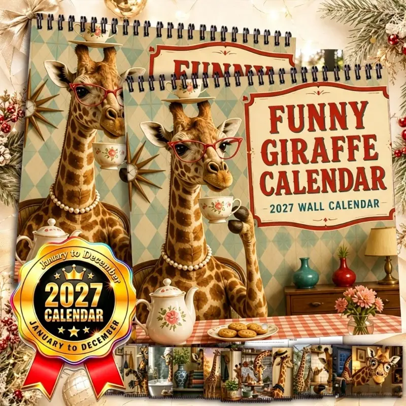 2027 Fun Giraffe Calendar Desk Calendar - Large Size Writable Note Area, Double Coil Spiral Binding, 12 Month Calendar with US Statutory Holidays, Retro Aesthetic Design, Suitable for Office, Gift to Women, Mothers, Colleagues