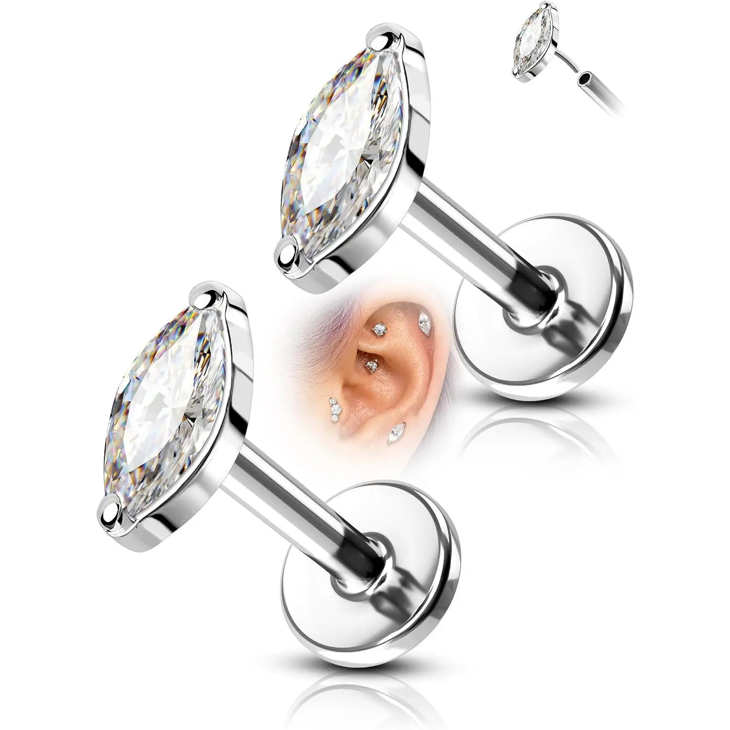 2 count Flat  Helix Earrings 16G 6mm, G23 Titanium Threadless Tragus Earrings, CZ Marquise Cartilage Studs for Conch Helix ,